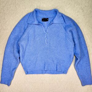 ASOS DESIGN Womens S Blue Knit Sweater Cropped Collared Button Placket Pullover
